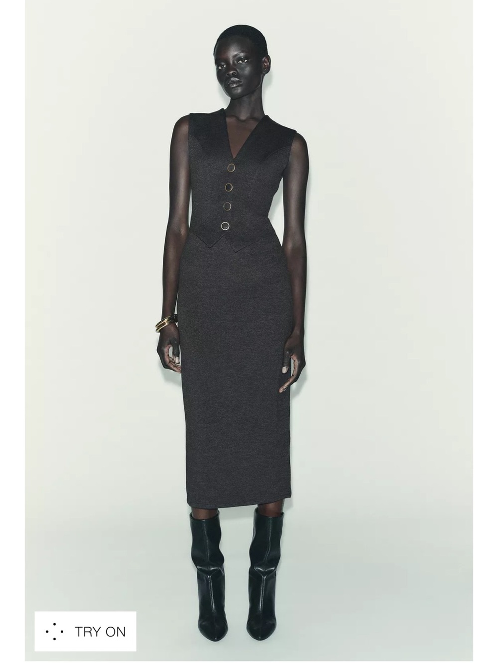 Zara Gray Sleeveless Button-Front Midi Dress